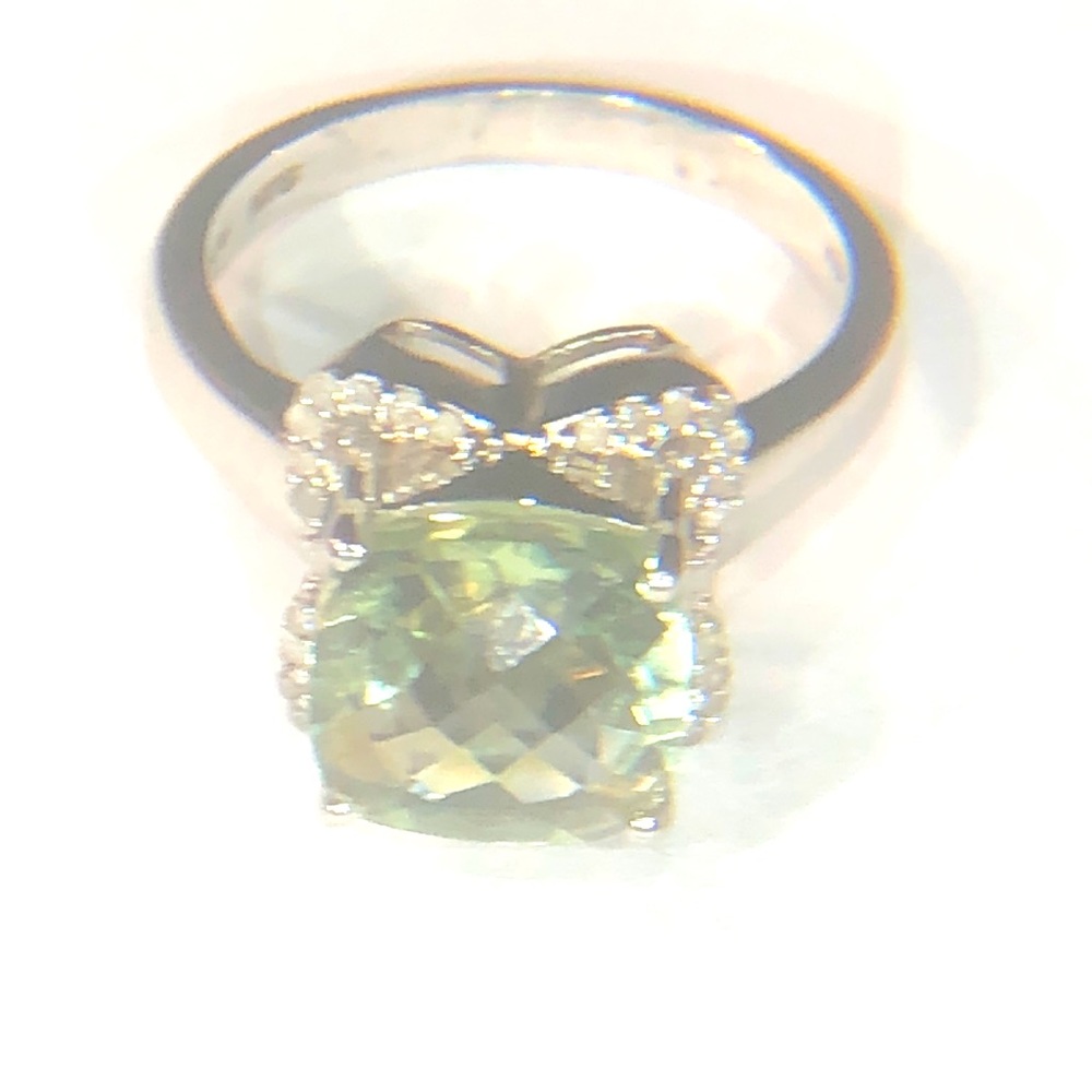 3.27CT Cushion cut Prasiolite .13CTW Diamond ring